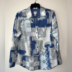 Chicos size 2, Paisley Button-Front, Long Sleeve Multicolor Blouse, no iron